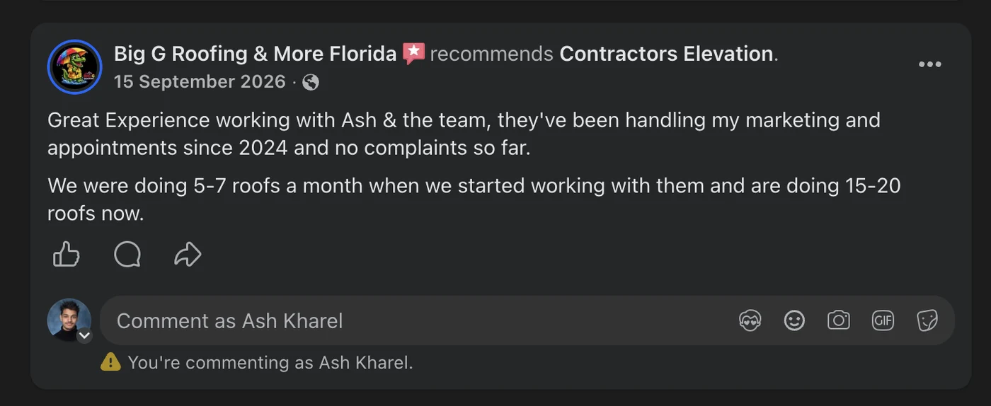 Facebook recommendation from Big G Roofing & More Florida for Contractors Elevation, September 2026