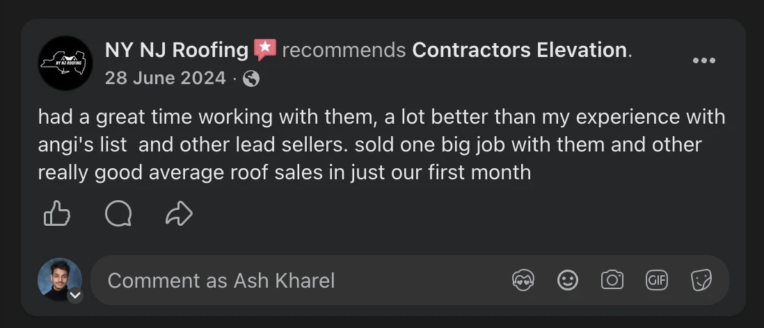 Facebook recommendation from NY NJ Roofing for Contractors Elevation